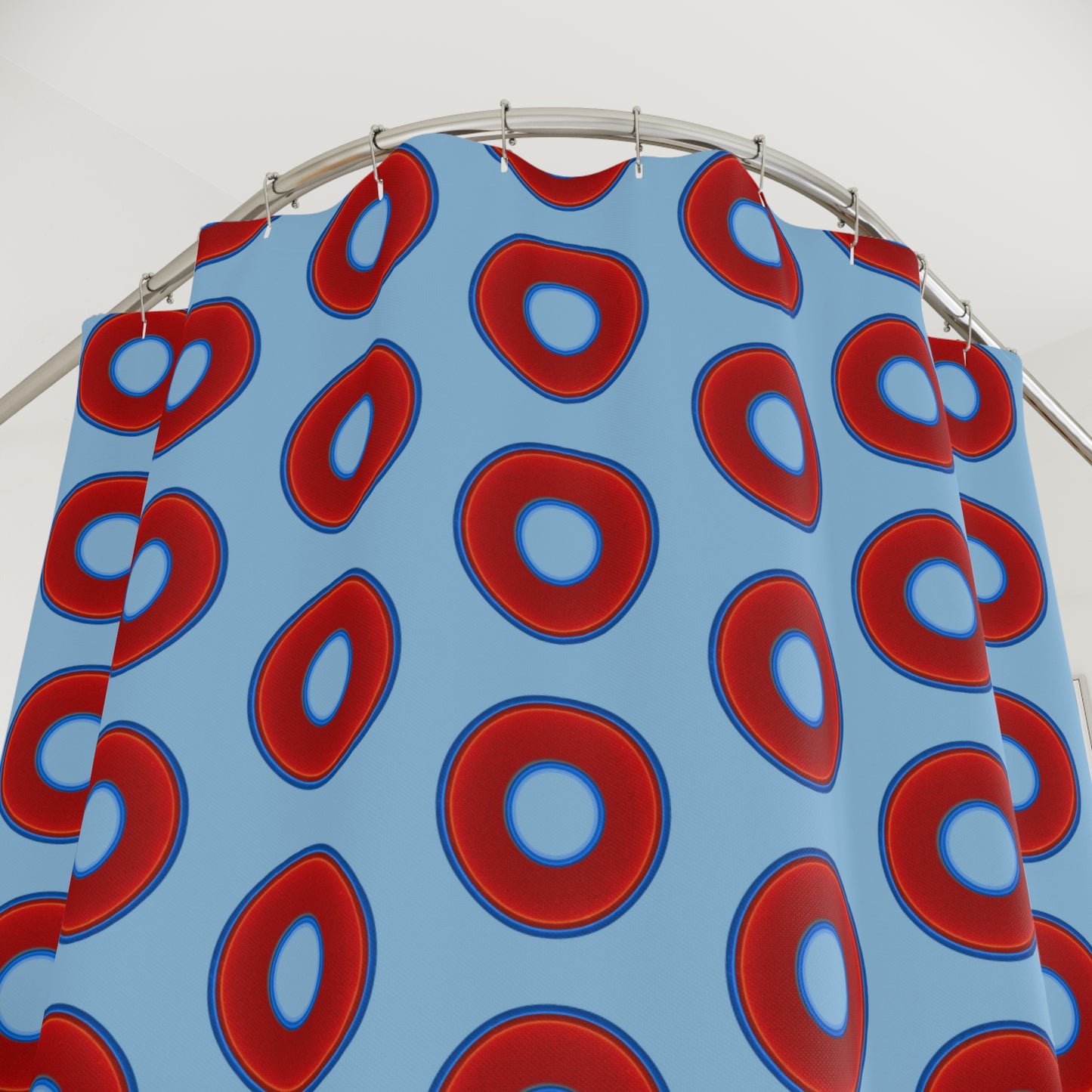 The Curtain With "Donuts" - Lumpy Bath Time Fun - vivid red donuts w/sky blue background