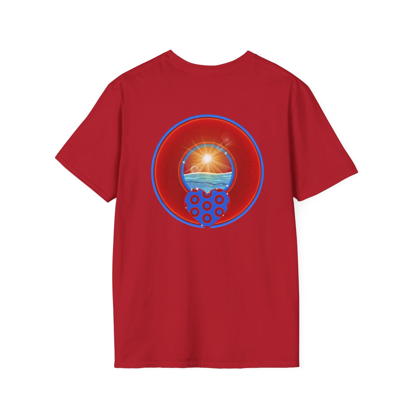Classic Donut Tee - Unisex Soft-Style - "Ocean Donuts of Love" - vivid red donut - w/sun - variant 2