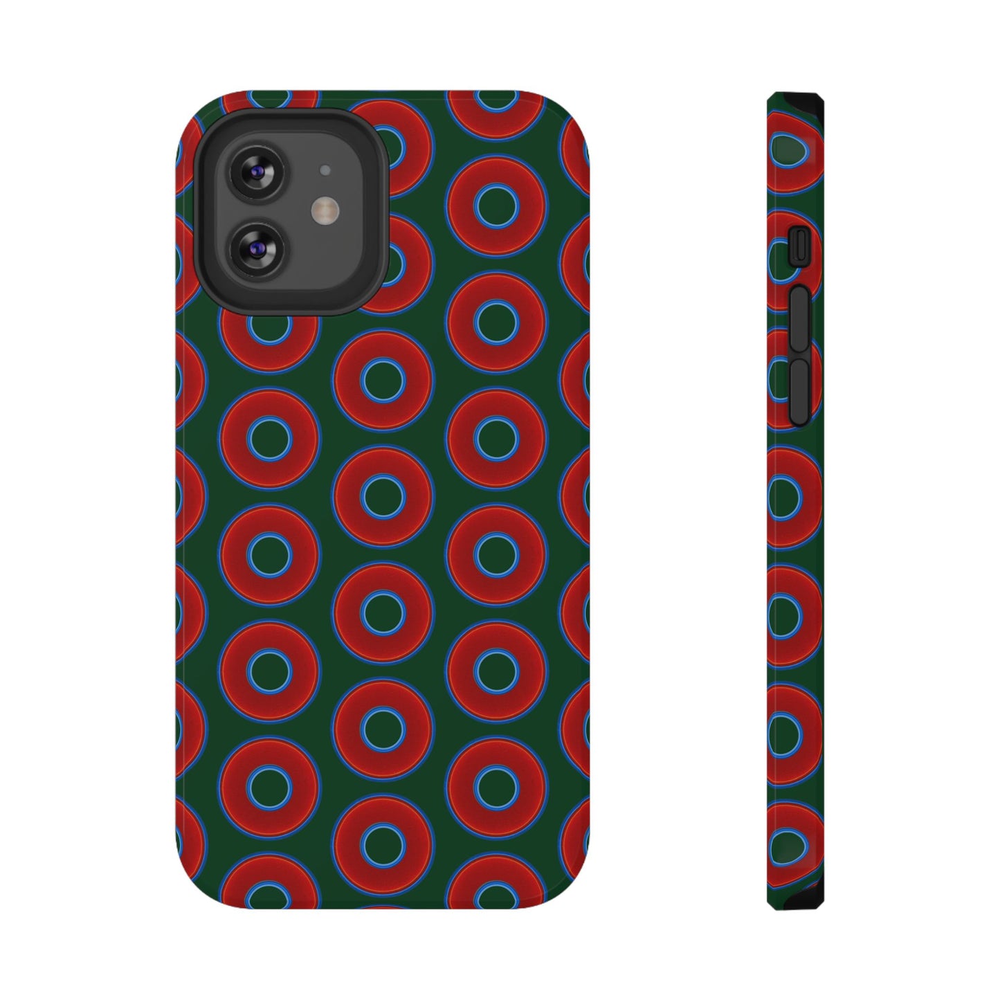 Impact-Resistant Lumpy Donut Case - red vivid donut print w/dark pond green background