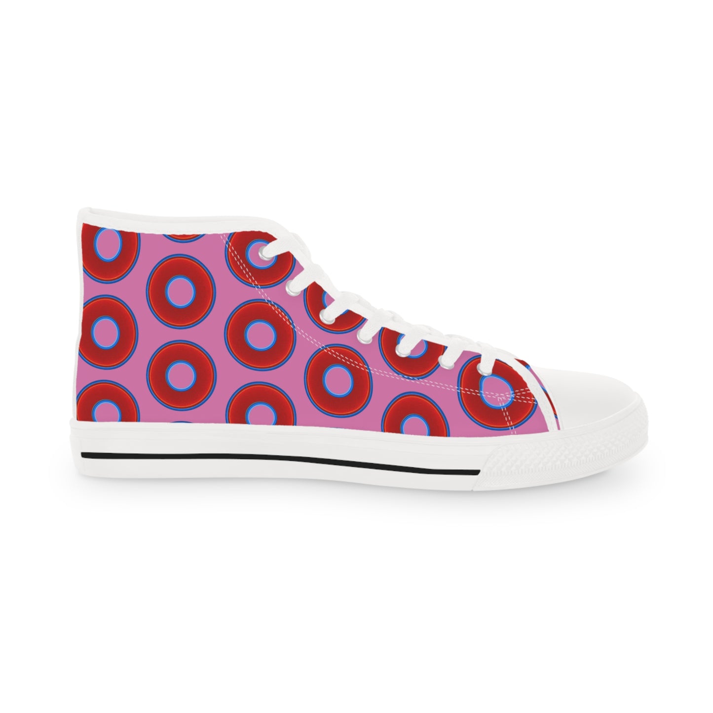 Men's High Top Chucks - large vivid red donut print w/pink background