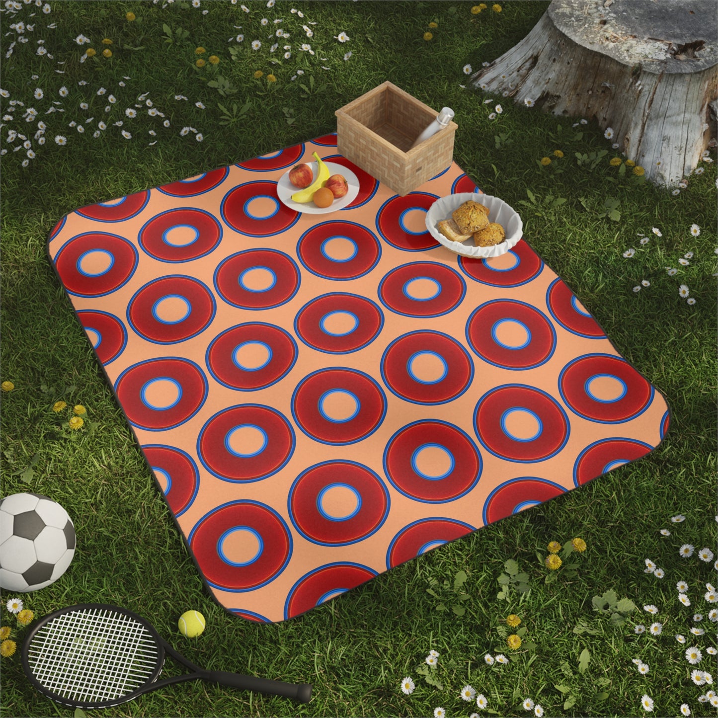 The Lumpy Party Blanket - giant water-resistant outdoor blanket [61" x 51"] - vivid red donuts w/peach background