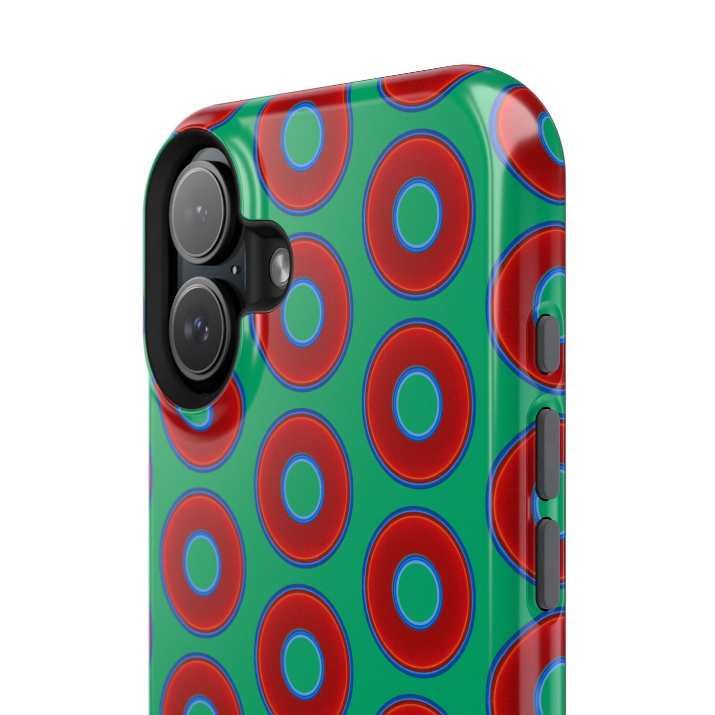 Impact-Resistant Lumpy Donut Case - red vivid donut print w/jade green background