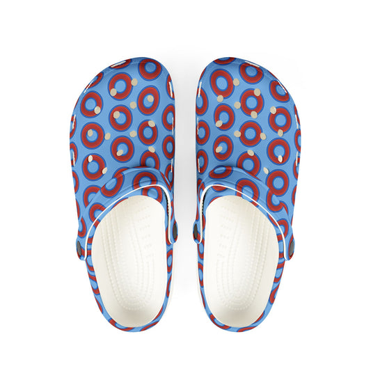 Spatchcocks - donut slip-on shoes - red rustic donuts w/light blue background [unisex]