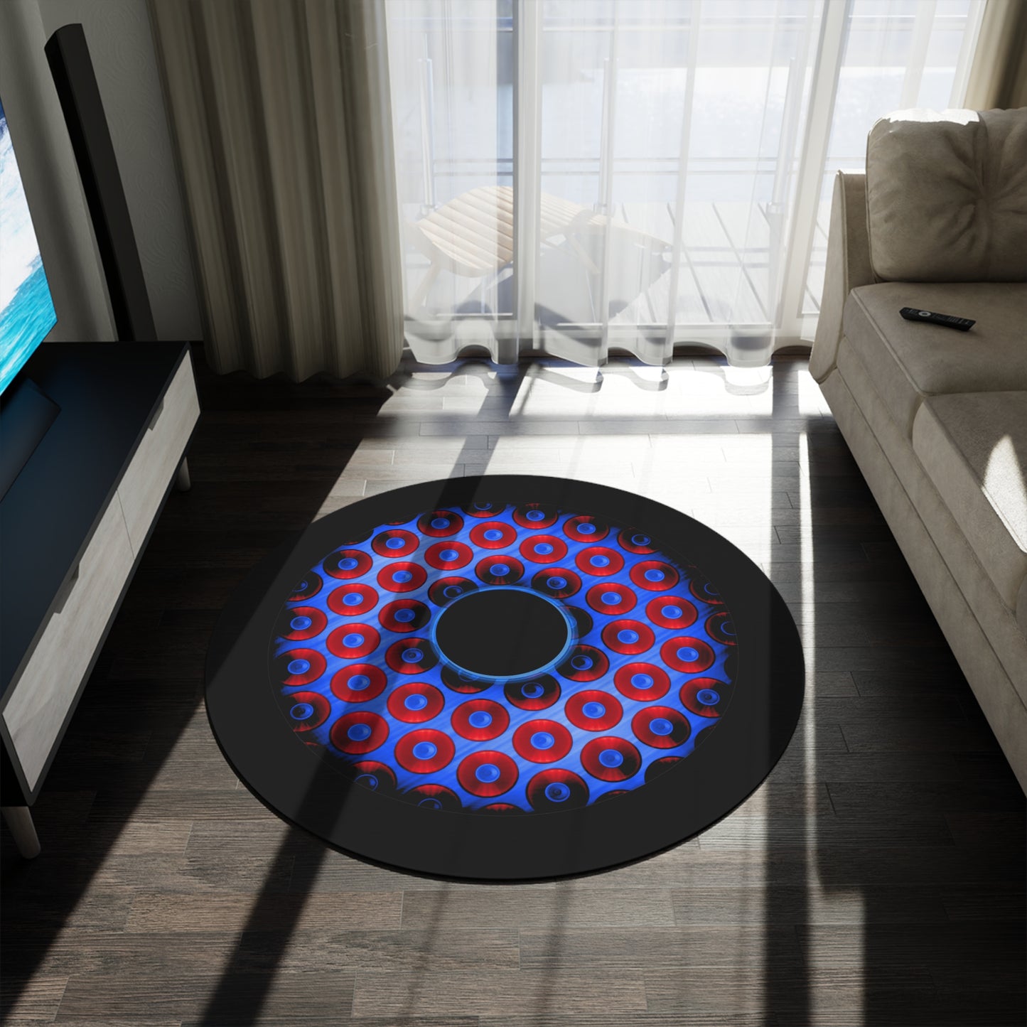 Round Room - 5 ft x 5 ft Lumpy Donut Rug - "Bling Paradox" - bling paradoxical red/blue donut w/hole & black background