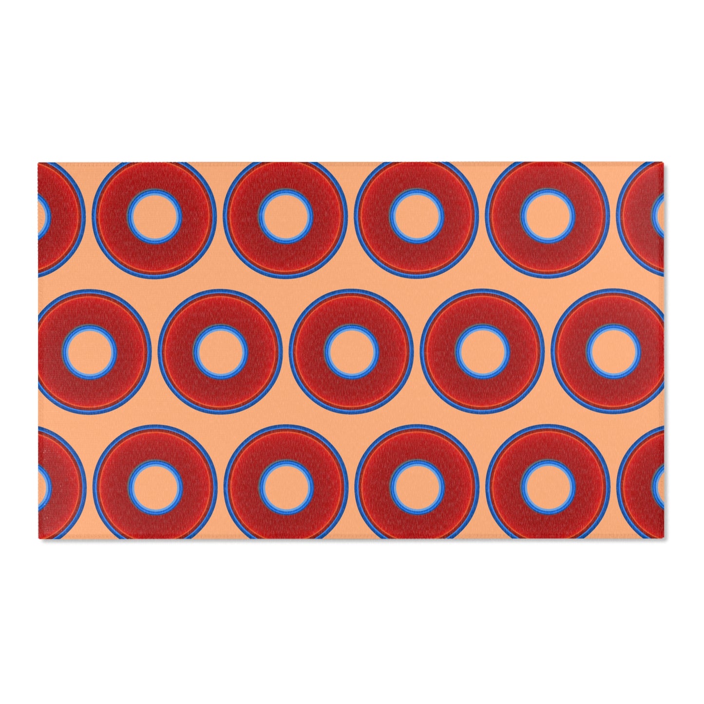 Lumpy Donut Print Rug - choice of 3 sizes - vivid red donut print w/peach background