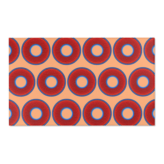 Lumpy Donut Print Rug - choice of 3 sizes - vivid red donut print w/peach background
