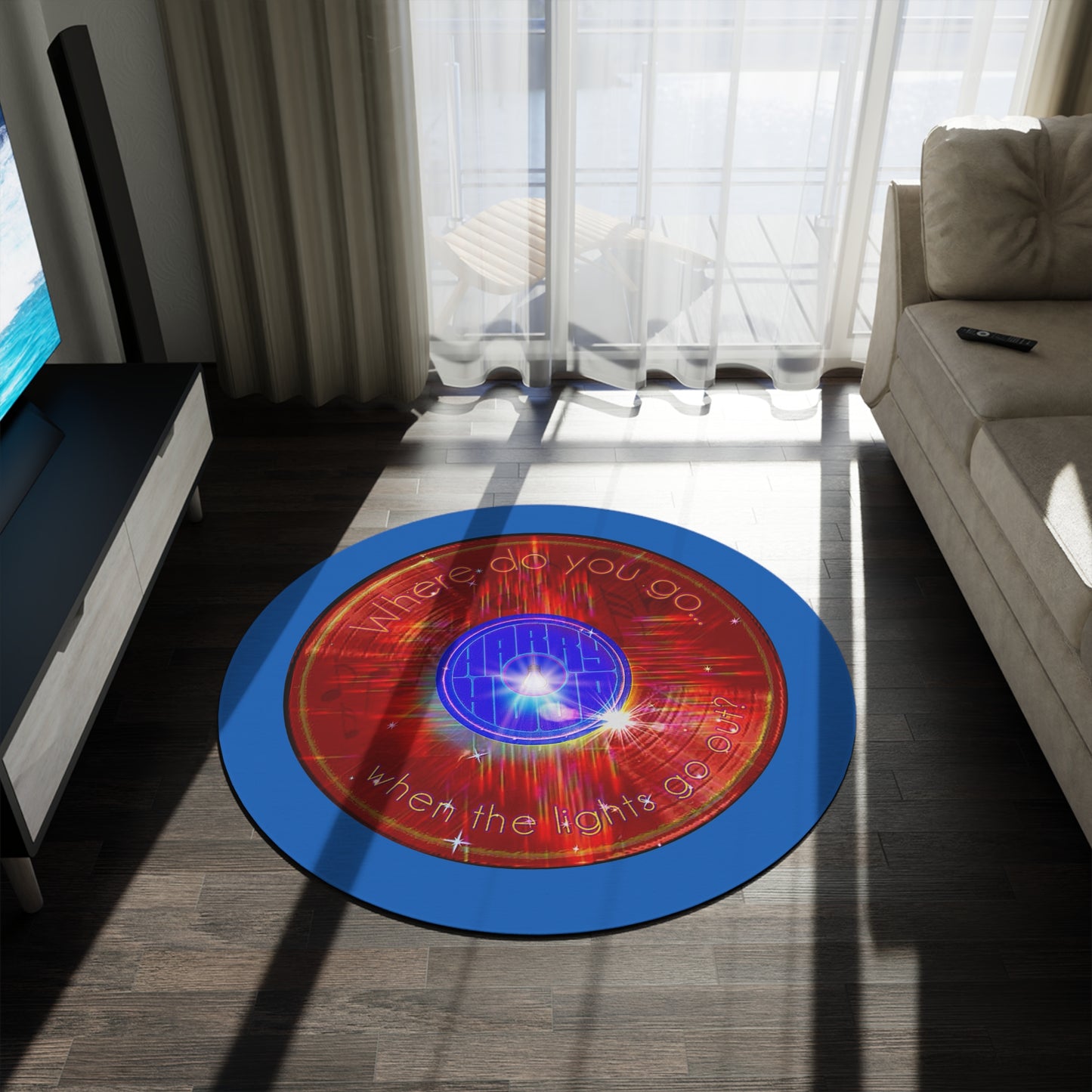 Round Room - 5 ft x 5 ft Lumpy Donut Rug - "Harry's Hoodlum Donut Rug" - vivid red word donut w/dark royal blue background - variant 1