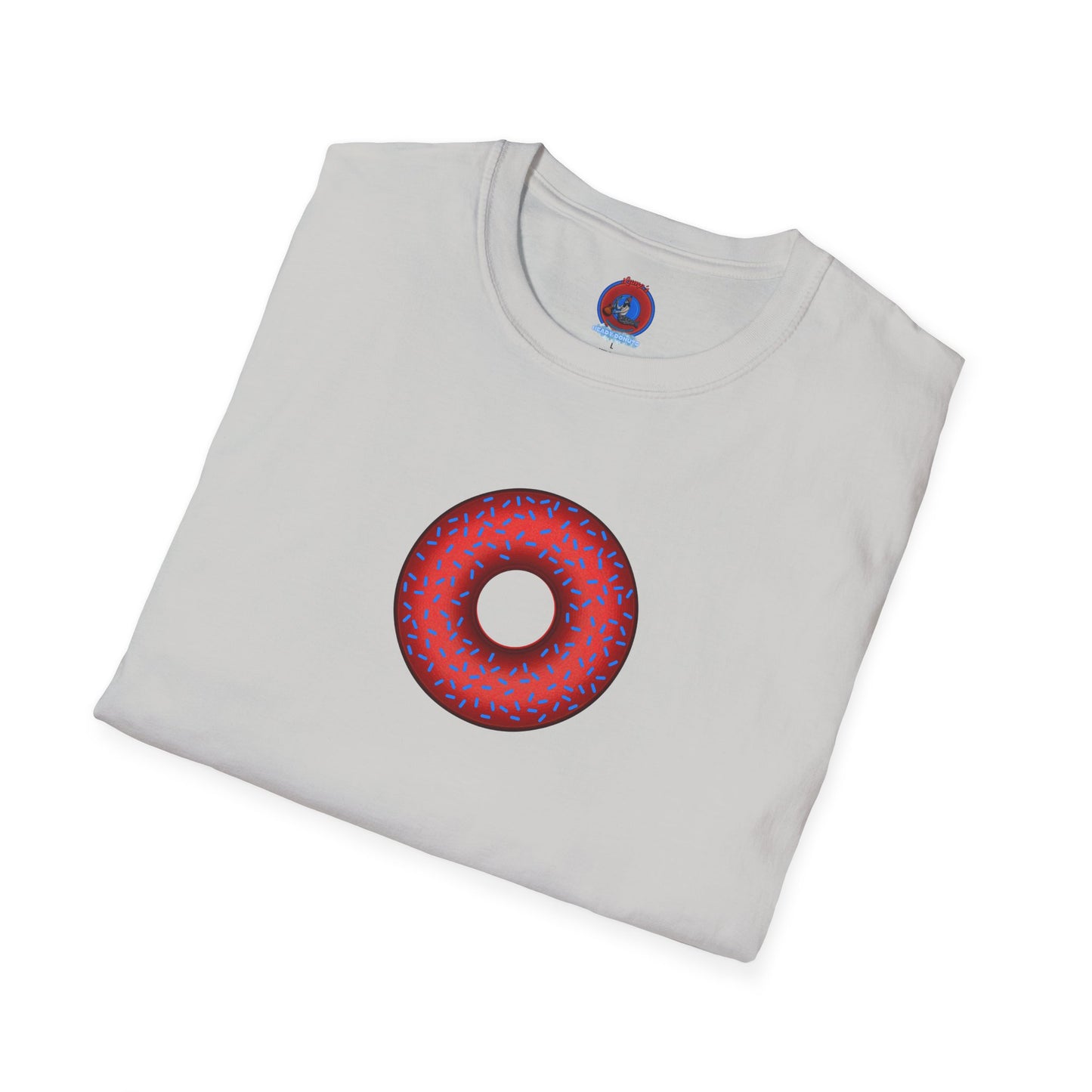 Classic Donut Tee - Unisex Soft-Style - "Plain Plump Donut w/" - plump red donut w/blue sprinkles