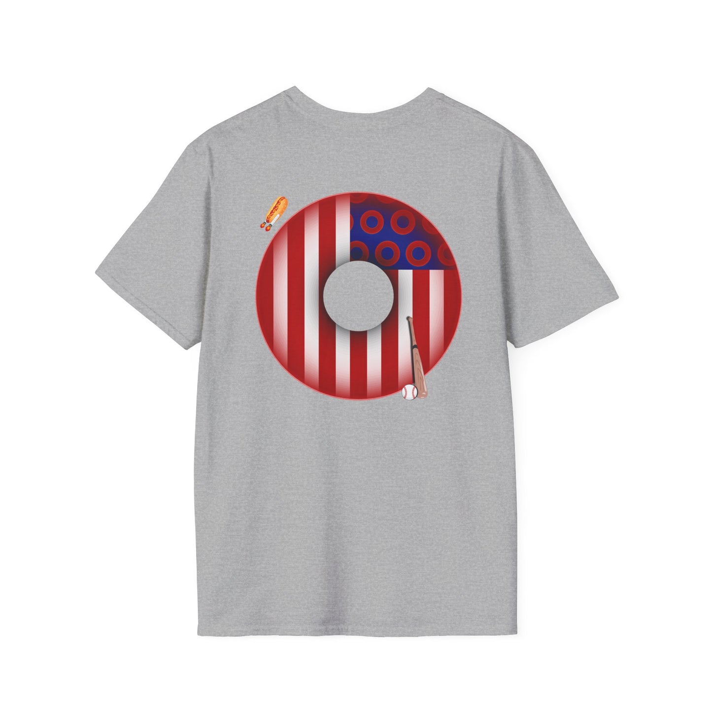 Classic Donut Tee - Unisex Soft-Style - "Uncle Sam's Donuts & Stripes" - vivid flag donut w/raw dogger