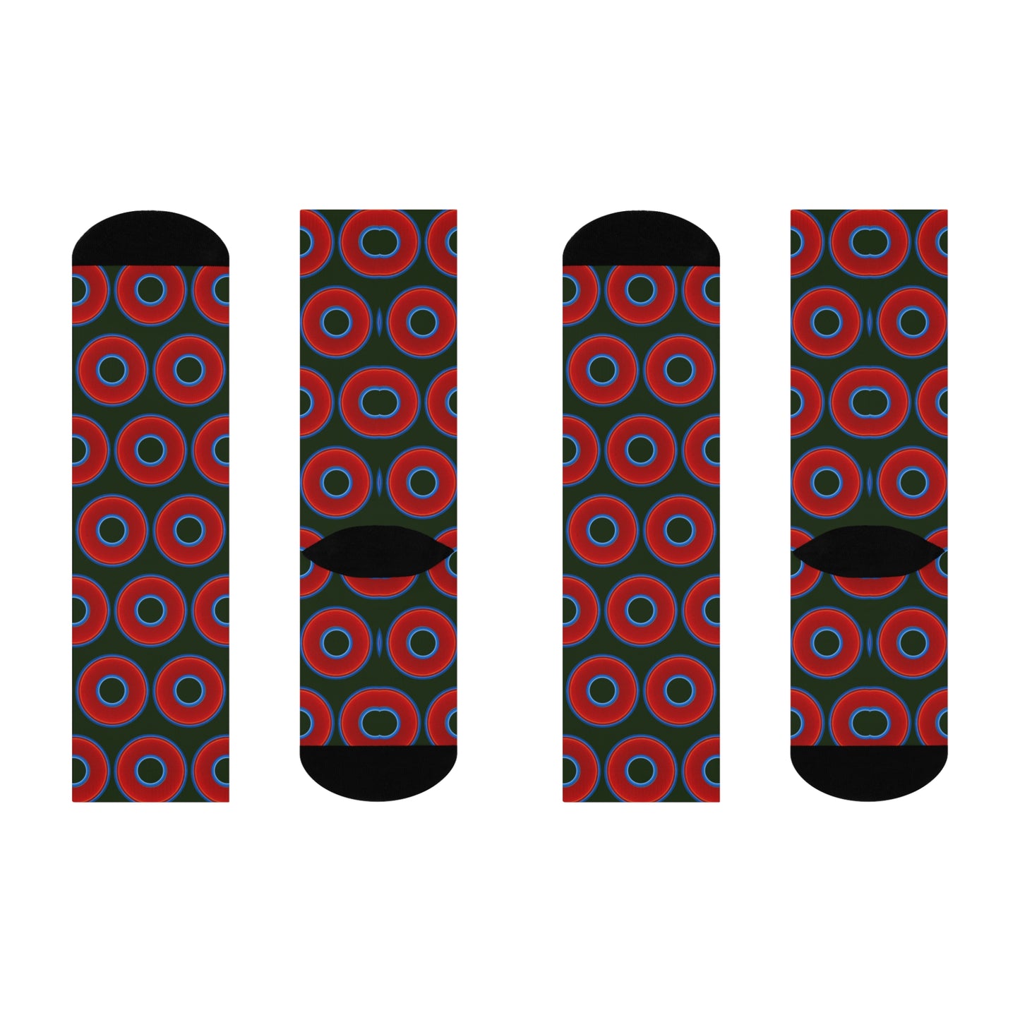 Lumpy Sox - cushioned crew - vivid red donut print w/deep forest green background