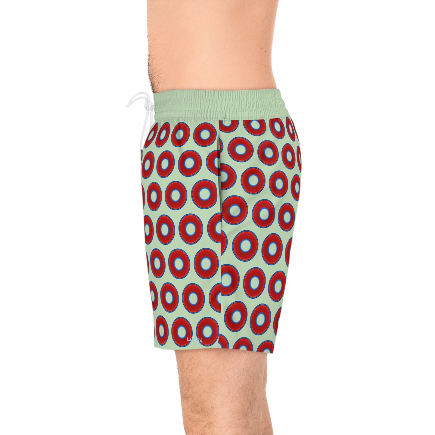 Men's Lumpy Swim Trunks - vivid red donut print w/seafoam background