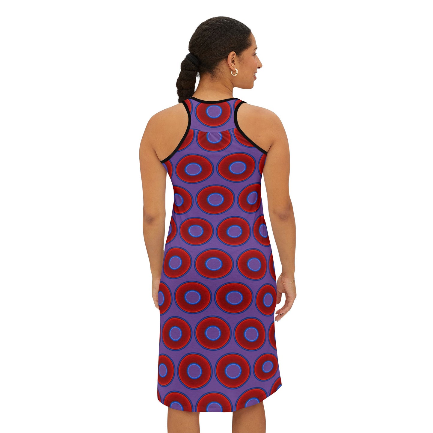 Tela's Lumpy Racerback Donut Dress - red vivid donut print w/light purple background