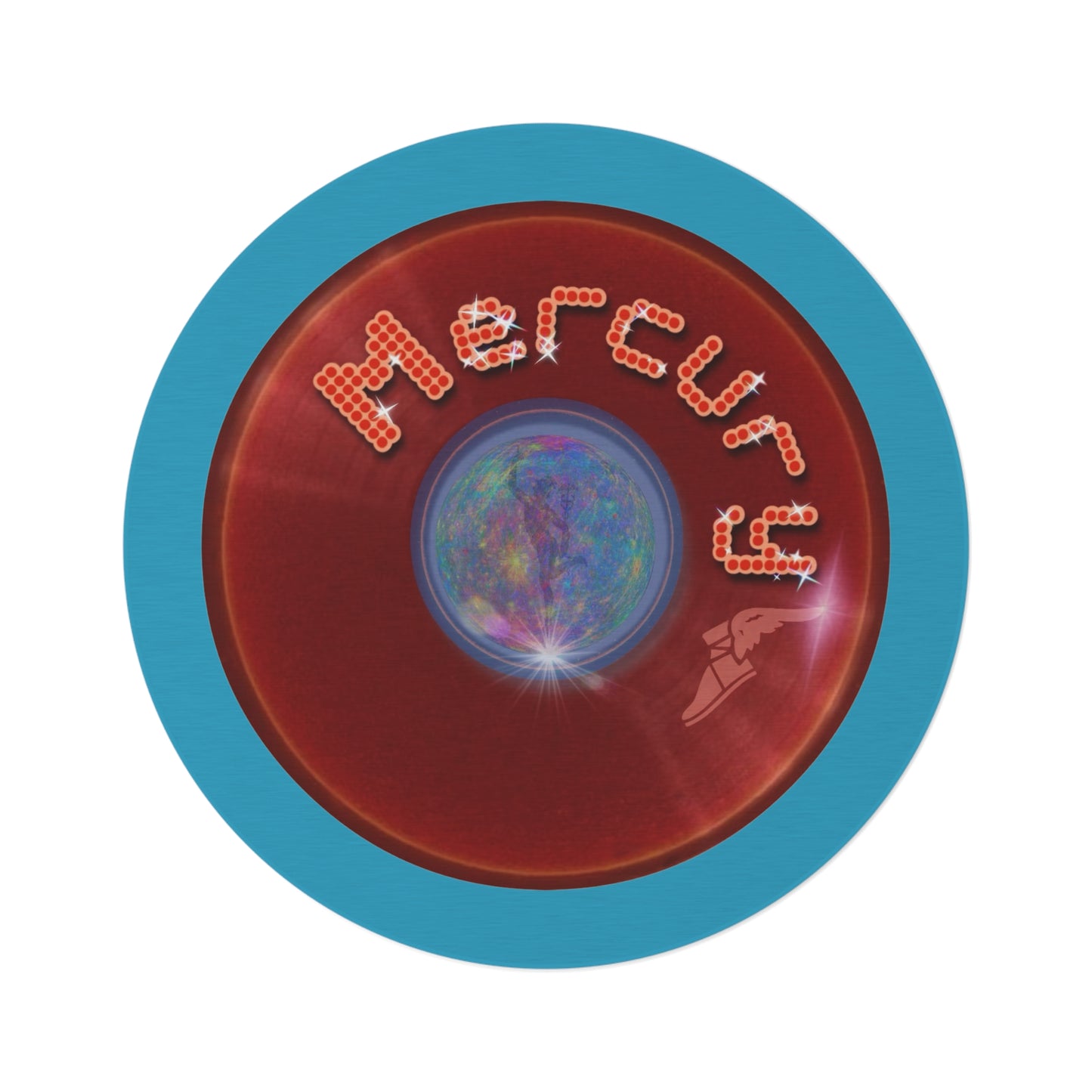 Round Room - 5 ft x 5 ft Lumpy Donut Rug - "Donut Rug of the Gods" - vivid red donut w/turquoise background - variant 2