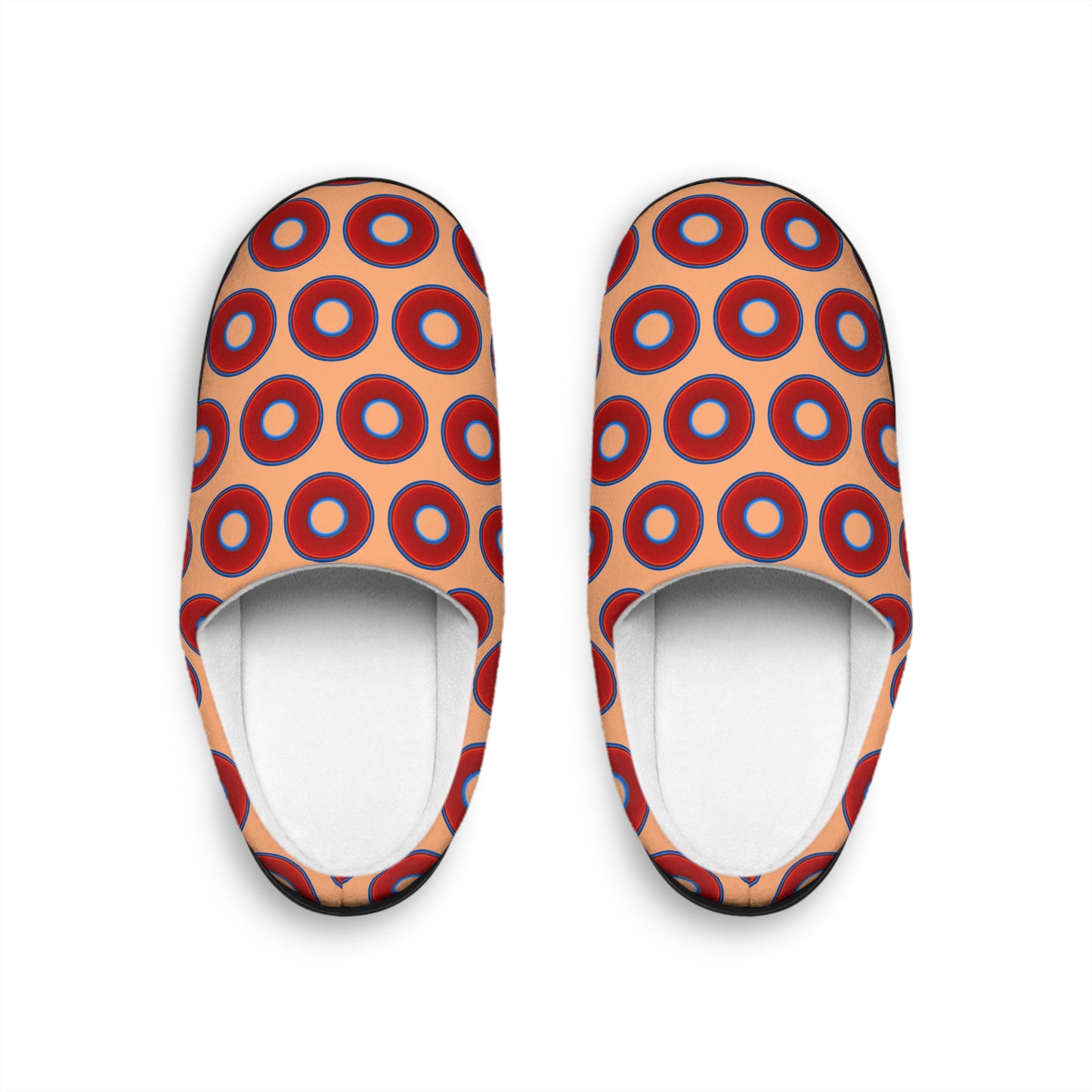 Women's Lumpy Slippers - red vivid donut print w/peach background