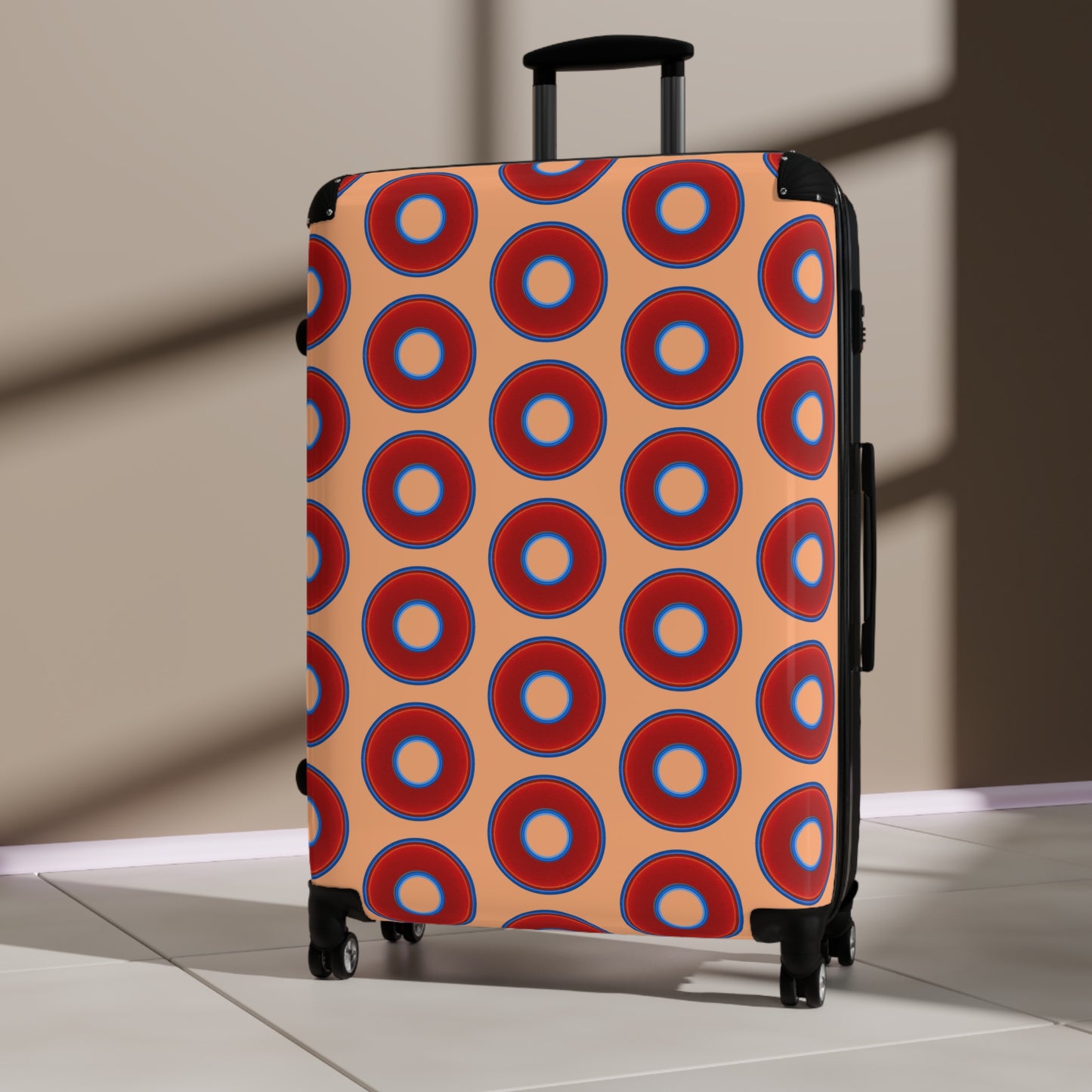 The Very Lumpy Donut Suitcase series - your choice of S, M or L - vivid red donut print w/peach background