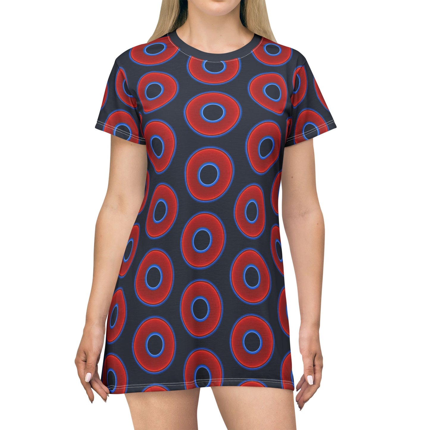 Not a Muumuu AOP Tee Shirt Dress - red vivid donuts w/dark teal blue elite background