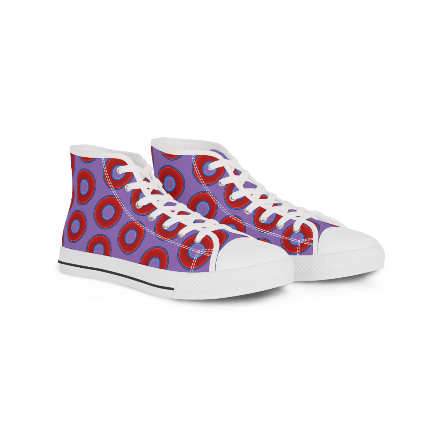 Men's High Top Chucks - large vivid red donut print w/light purple background