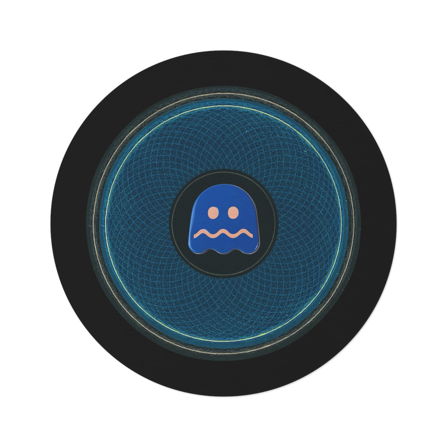 Round Room - 5 ft x 5 ft Lumpy Donut Rug - "Ghosted Donut Rug" - symmetrical black/blue donut w/black background