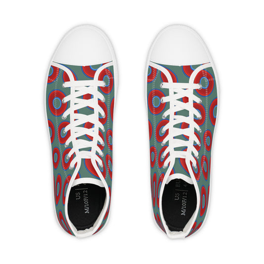 Men's High Top Chucks - large vivid red donut print w/Fenway green background
