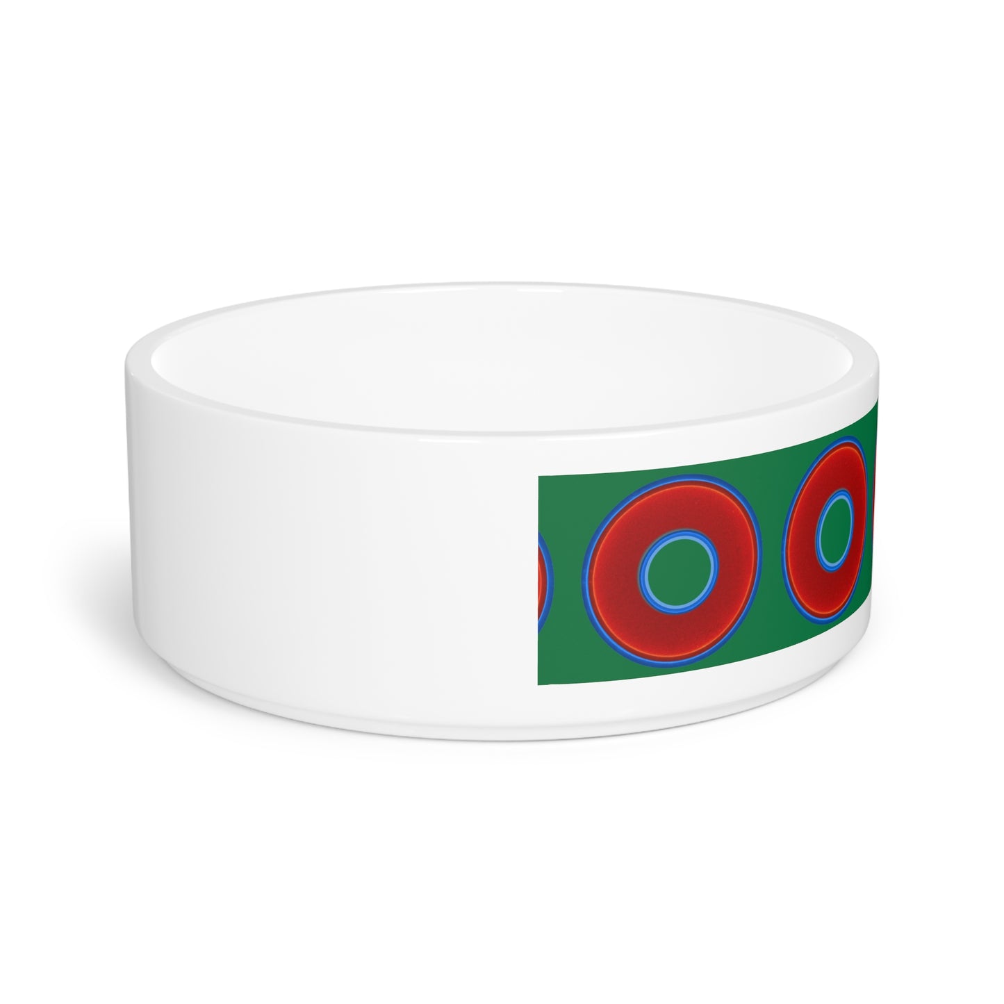 16 oz Lumpy Pet Bowl - vivid red donuts w/green background