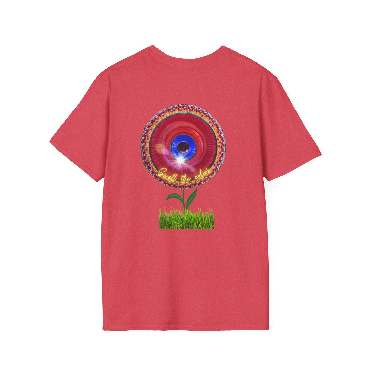Classic Donut Tee - Unisex Soft-Style - "Smell the Donuts Outside on my Lawn"  " variant 2 - blue donut on red donut/flower