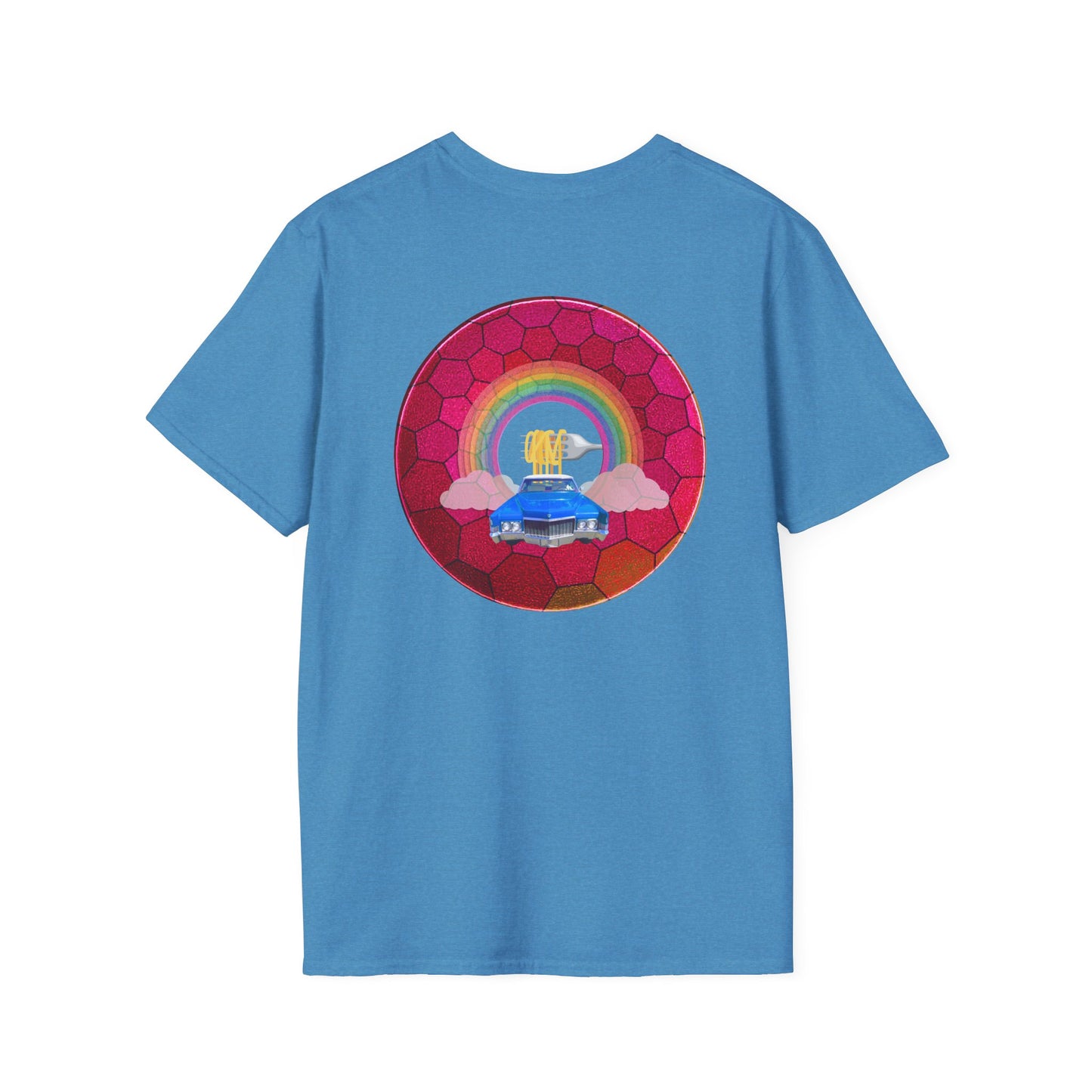 Classic Donut Tee - Unisex Soft-Style - "Cadillac Rainbows Donut Tee " - variant 2 - magenta hexadonut w/blue caddy
