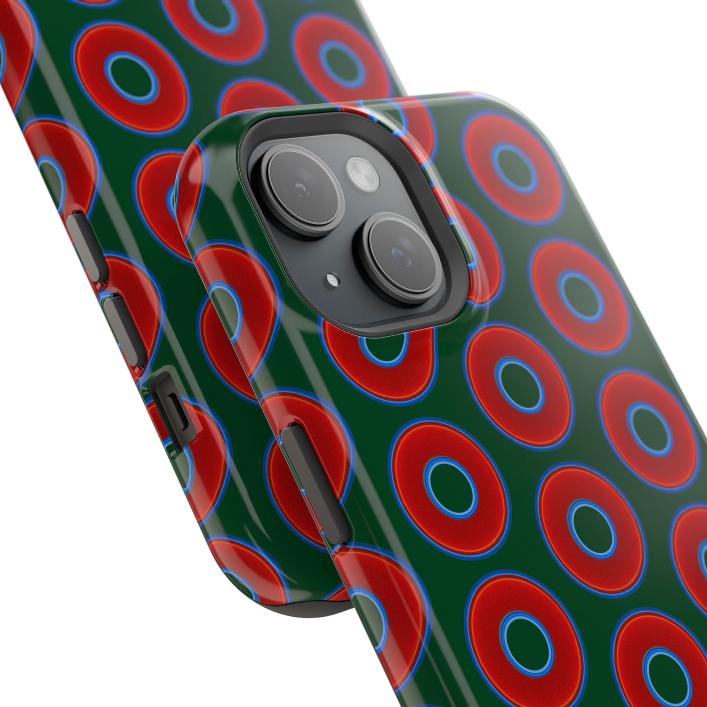 Impact-Resistant Lumpy Donut Case - red vivid donut print w/dark pond green background