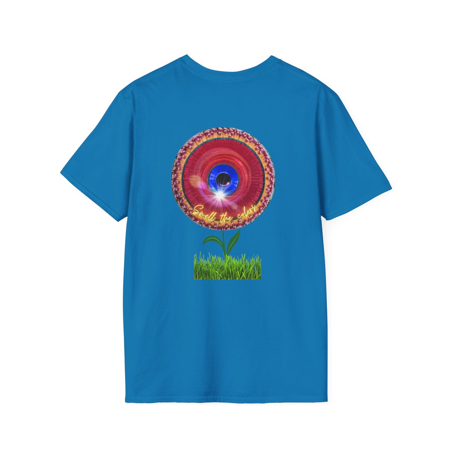 Classic Donut Tee - Unisex Soft-Style - "Smell the Donuts Outside on my Lawn"  " variant 2 - blue donut on red donut/flower