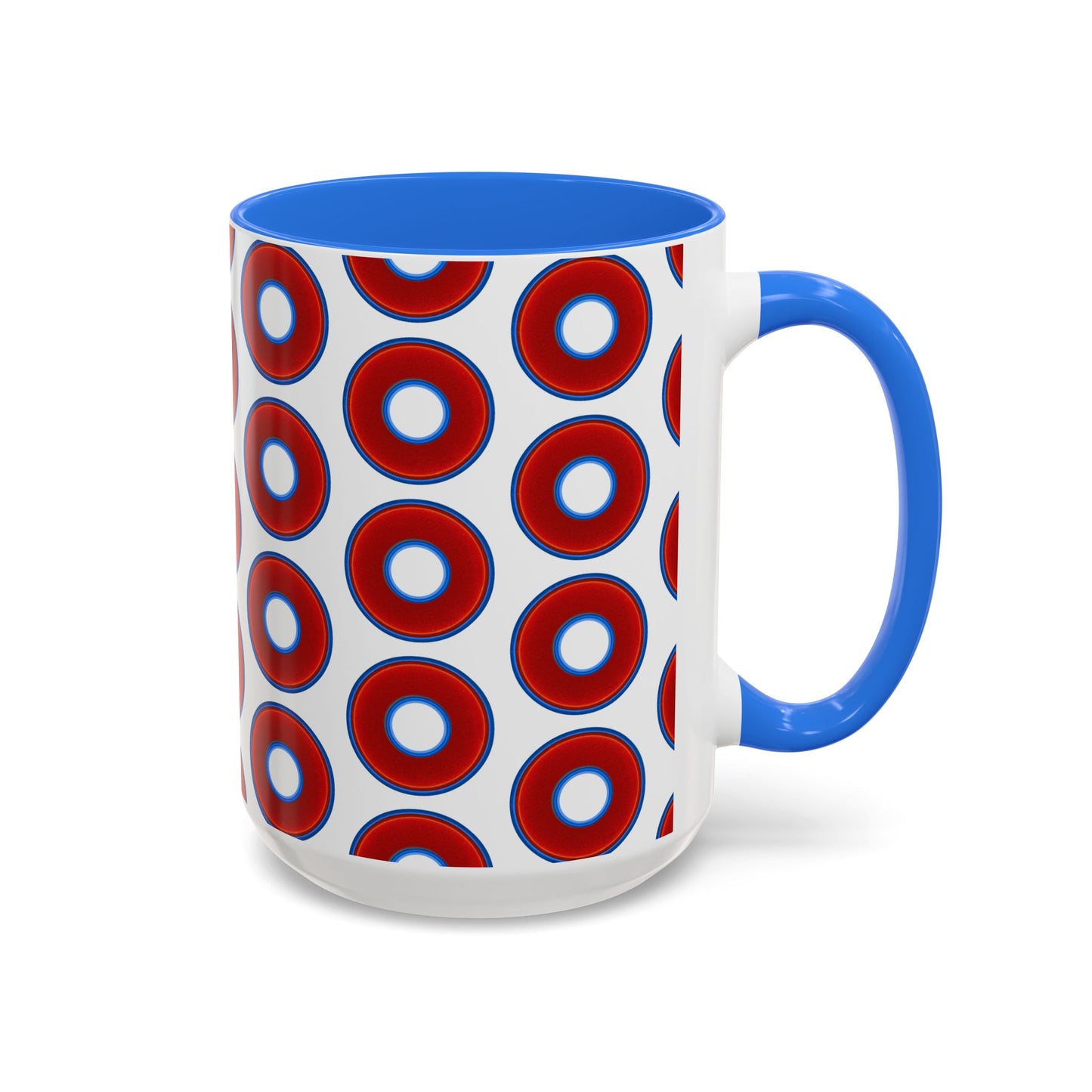 Lump's Grumpy Coffee Mug - vivid red donuts w/white background