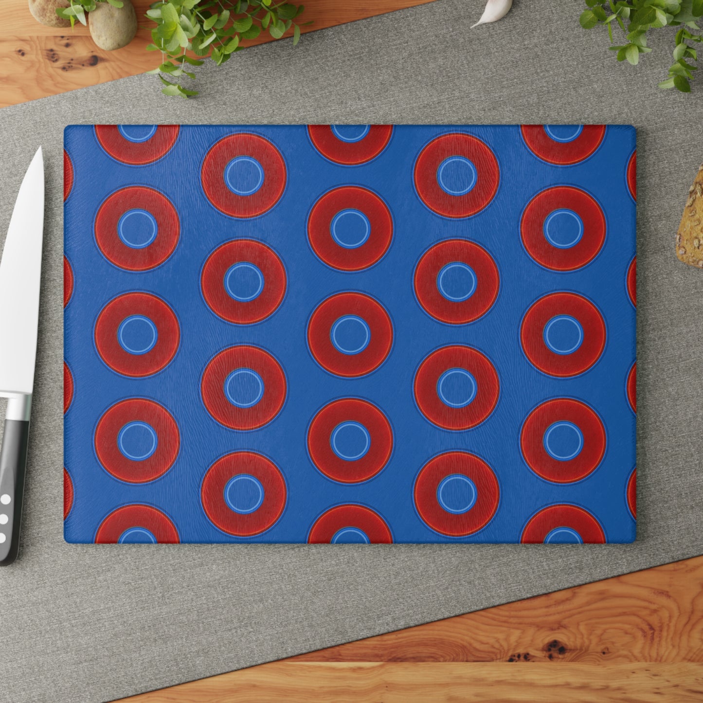 My Friend's Cutting Board - vivid red donuts w/dark royal blue background