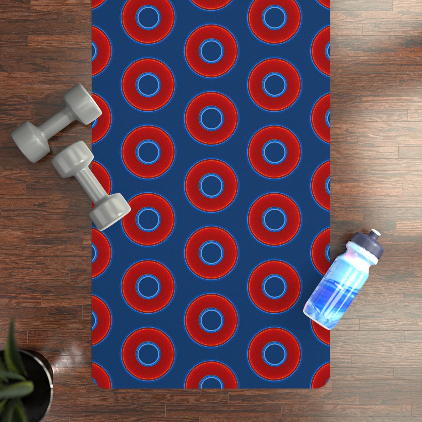 Lumpy Donut Yoga Mat :) - 24″ x 70" - vivid red donut print w/Atlantic navy blue background