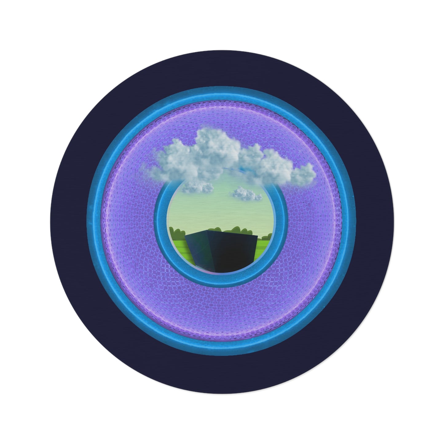 Round Room - 5 ft x 5 ft Lumpy Donut Rug - "Got Rhombus Rug?" - rustic purple/blue donut w/dark navy background - variant 2