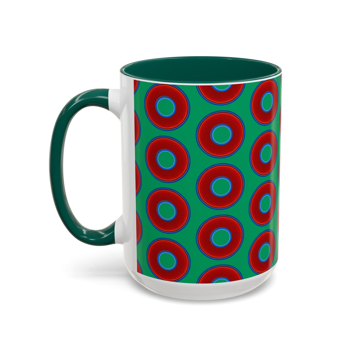 Lump's Grumpy Coffee Mug - vivid red donuts w/jade green background