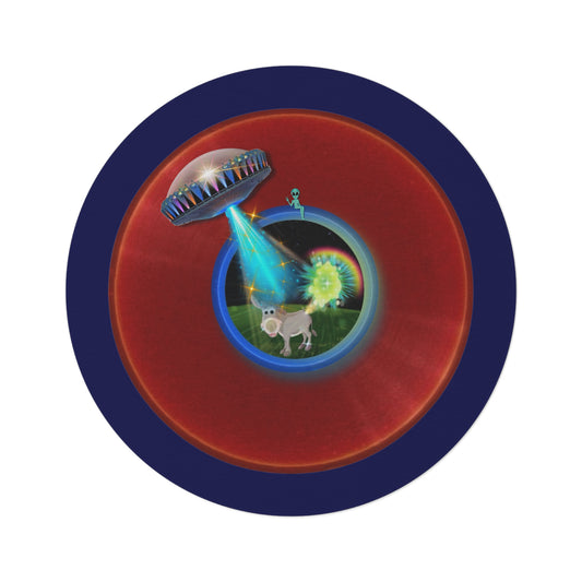 Round Room - 5 ft x 5 ft Lumpy Donut Rug - "Donut Rugs? In Tomahawk County?" - vivid red donut w/navy blue background - variant 1