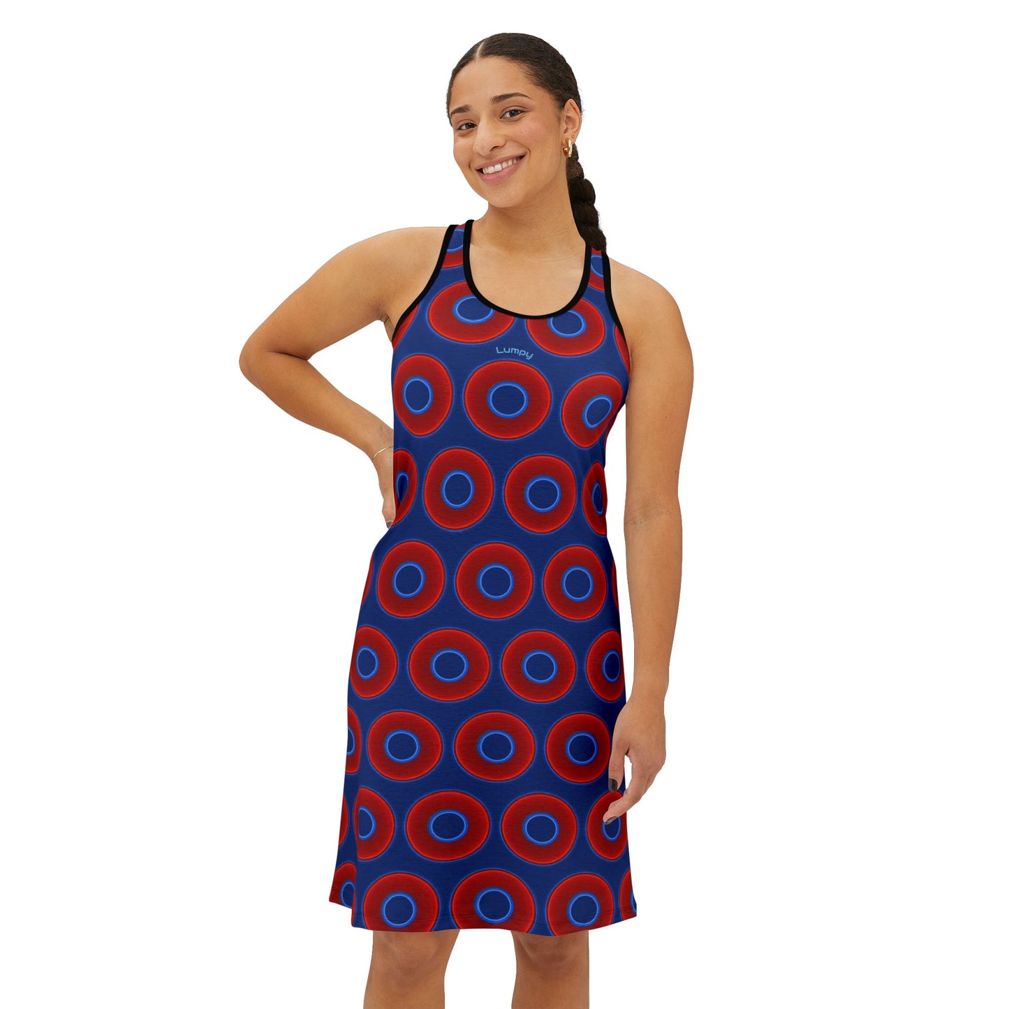 Tela's Lumpy Racerback Donut Dress - red vivid donut print w/dark blue background