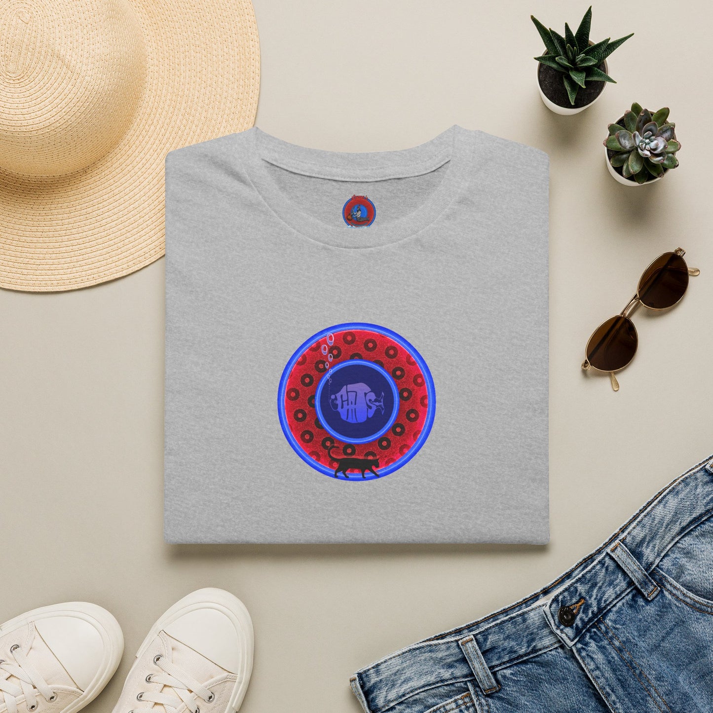 Classic Donut Tee - Unisex Soft-Style - "The Cat's Meow Donut' - red/blue paradox widemouthed donut