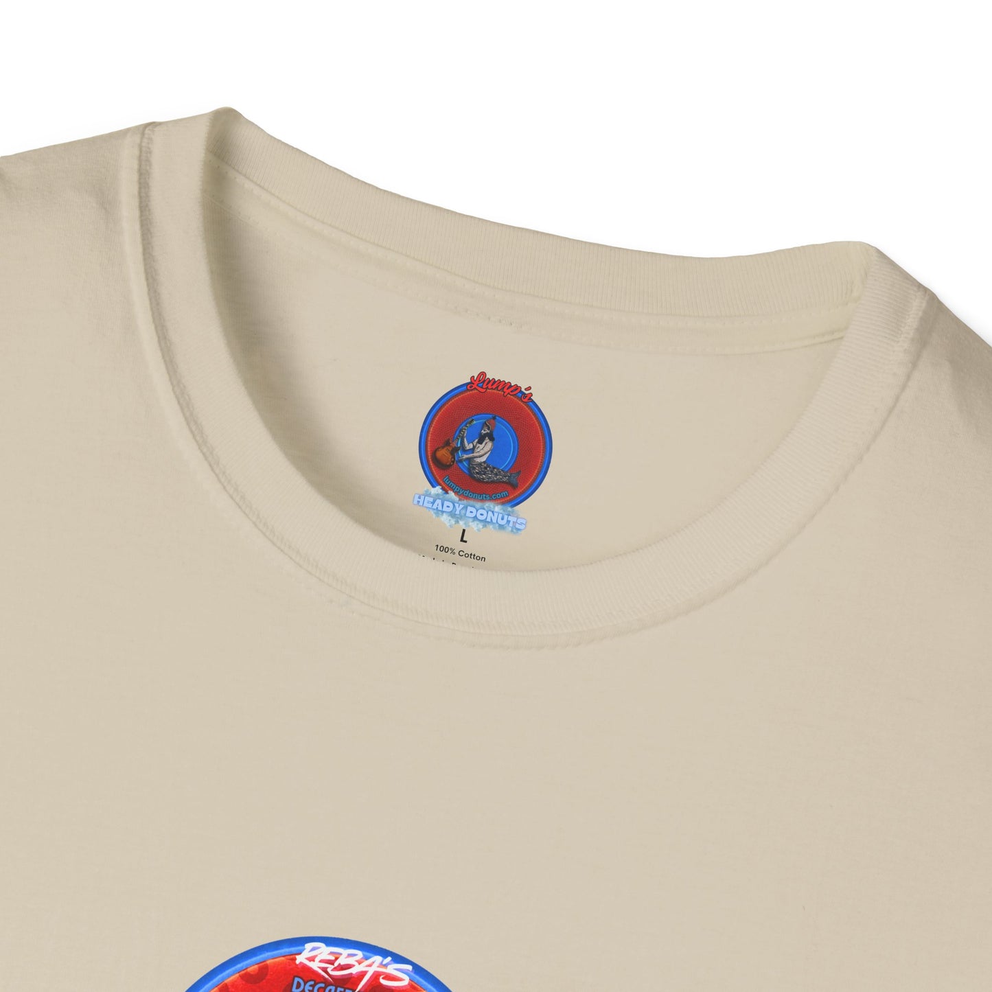 Coffee Traders Tee - Unisex Soft-Style - "Reba's Decaf: Coffee Grounds & Mud " - paradoxical donut - variant 3- front Reba/back logo