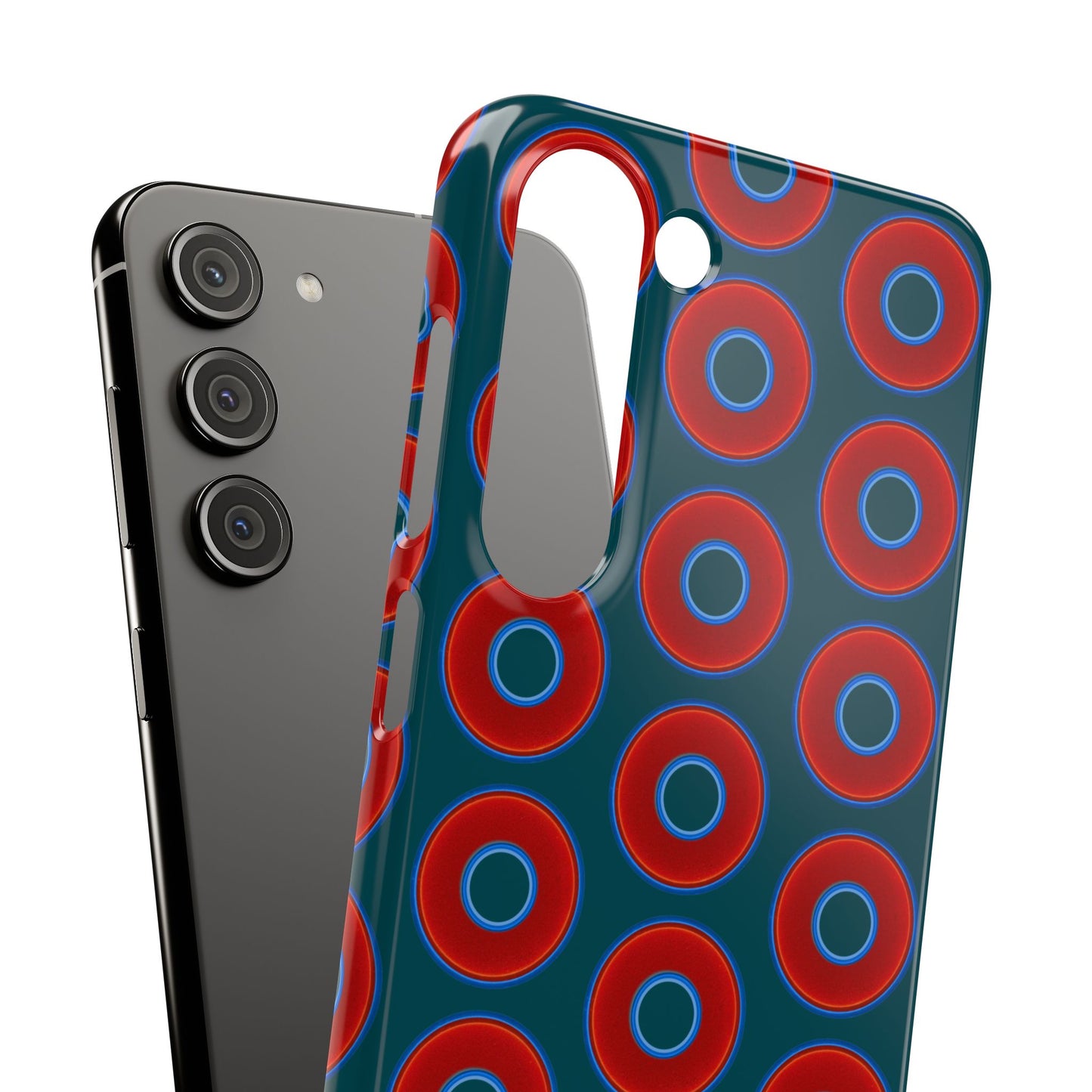 Lumpy Donut Snap Case - red vivid donut print w/midnight teal green background