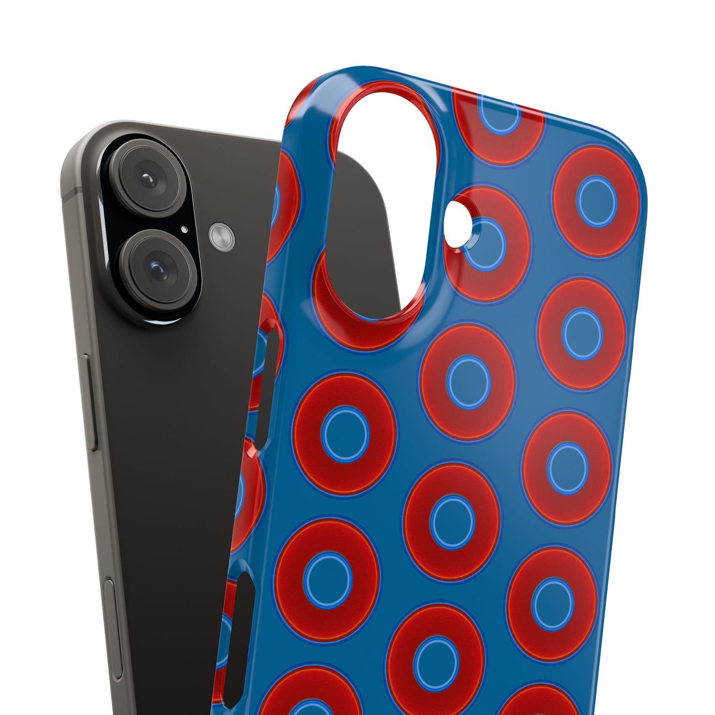 Lumpy Donut Snap Case - red vivid donut print w/wavy navy blue background