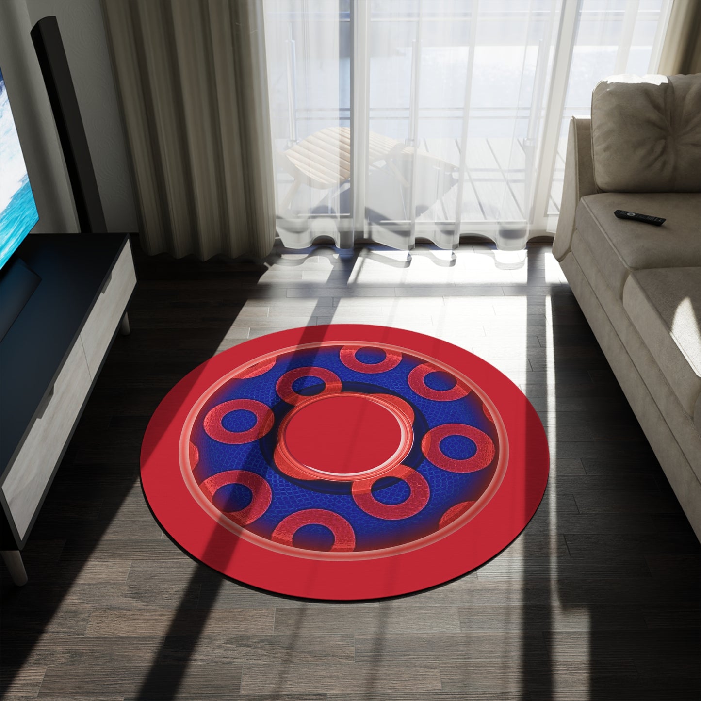 Round Room - 5 ft x 5 ft Lumpy Donut Rug - "Plain Donut" - rustic paradoxical red/blue donut w/hole & red background - variant 2