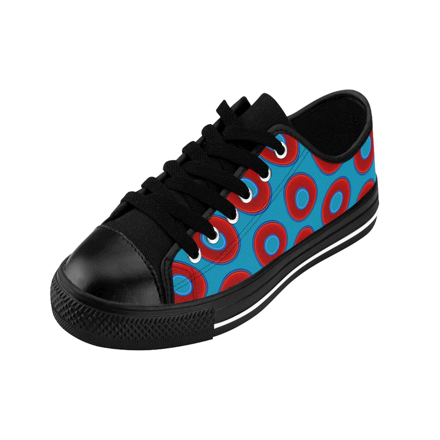 Women's Cushiony Convectors - Low Top - large red vivid donut print w/aquamarine blue background
