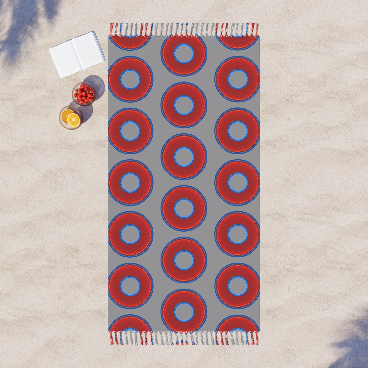 Oversized Lumpy Beach Towel - vivid red donuts w/light gray background