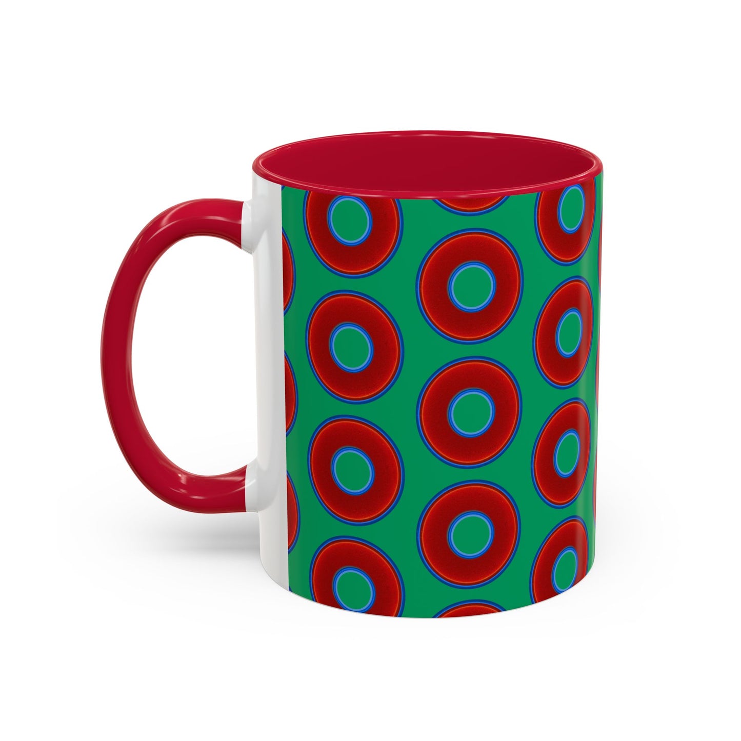 Lump's Grumpy Coffee Mug - vivid red donuts w/jade green background