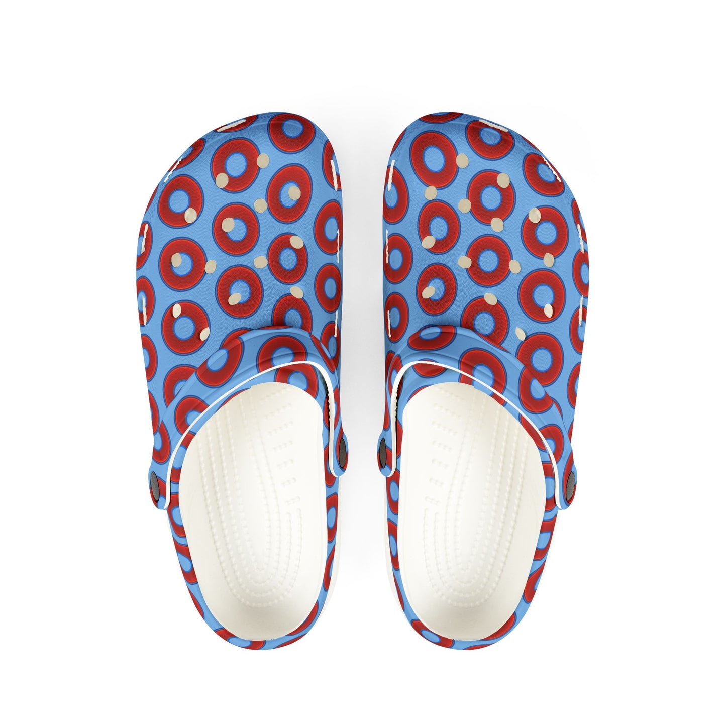 Spatchcocks - donut slip-on shoes - vivid red donuts w/light blue background [unisex]