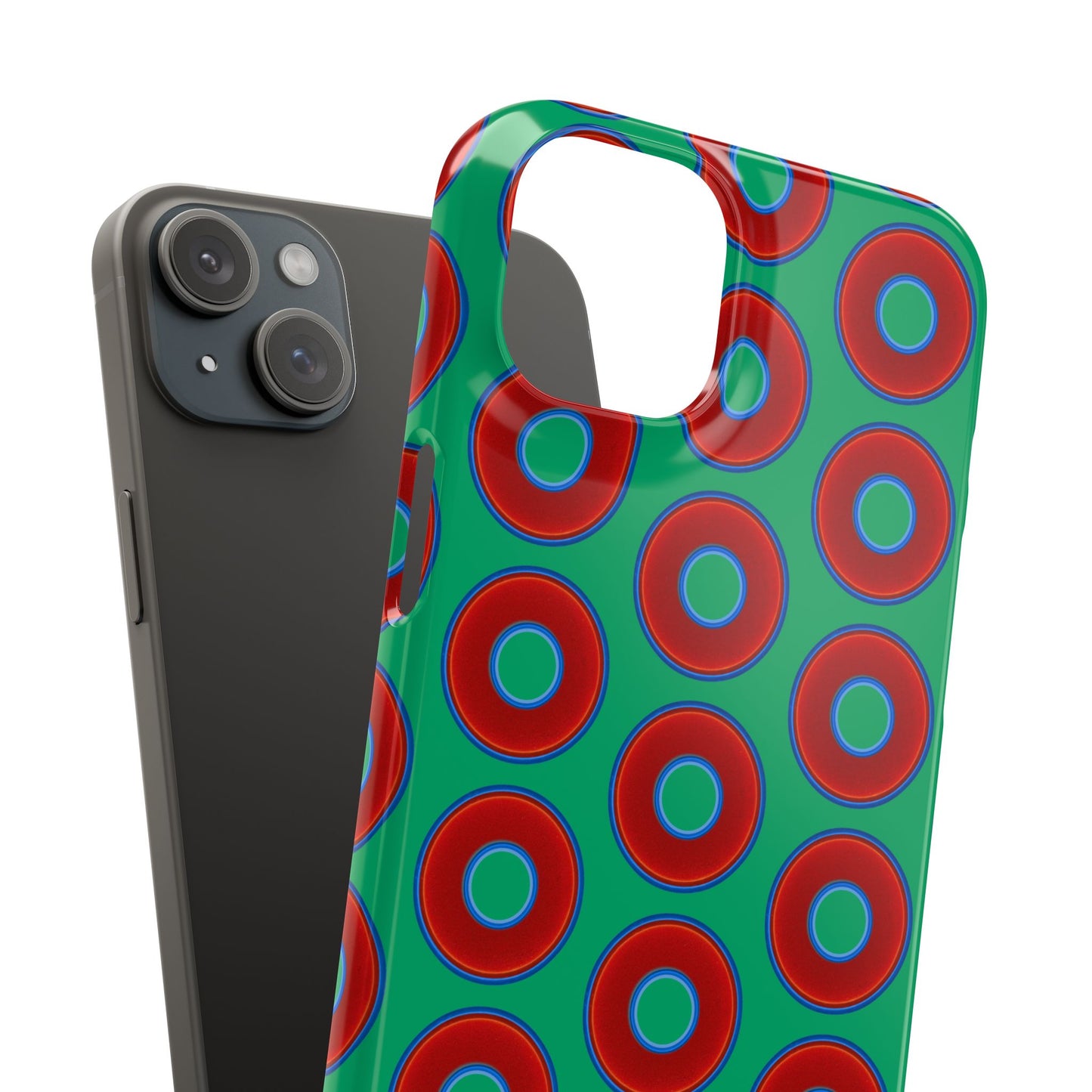 Lumpy Donut Snap Case - red vivid donut print w/jade green background