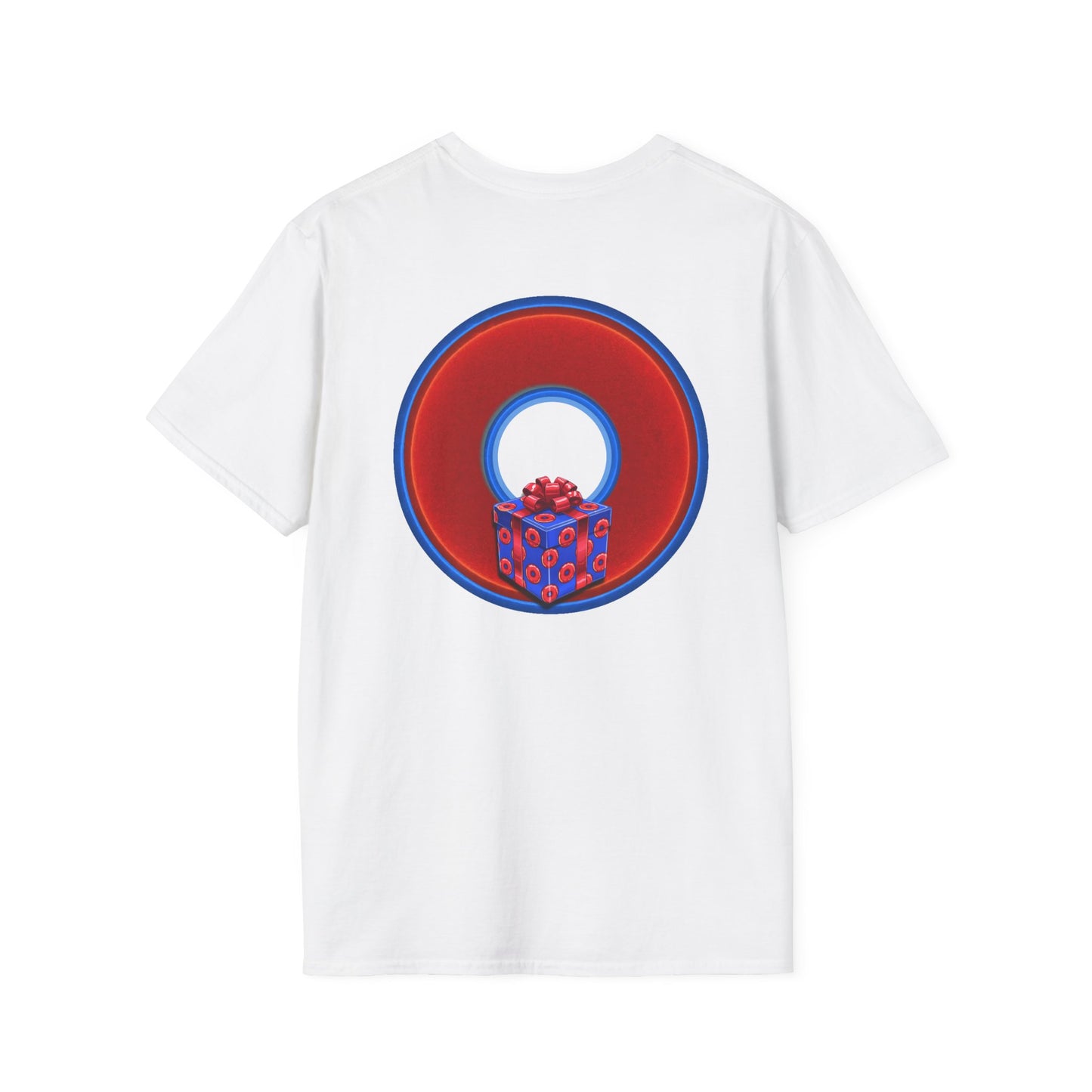 Classic Donut Tee - Unisex Soft-Style - "Phishmas Caroler's Tee " - vivid red/blue donut - variant 1