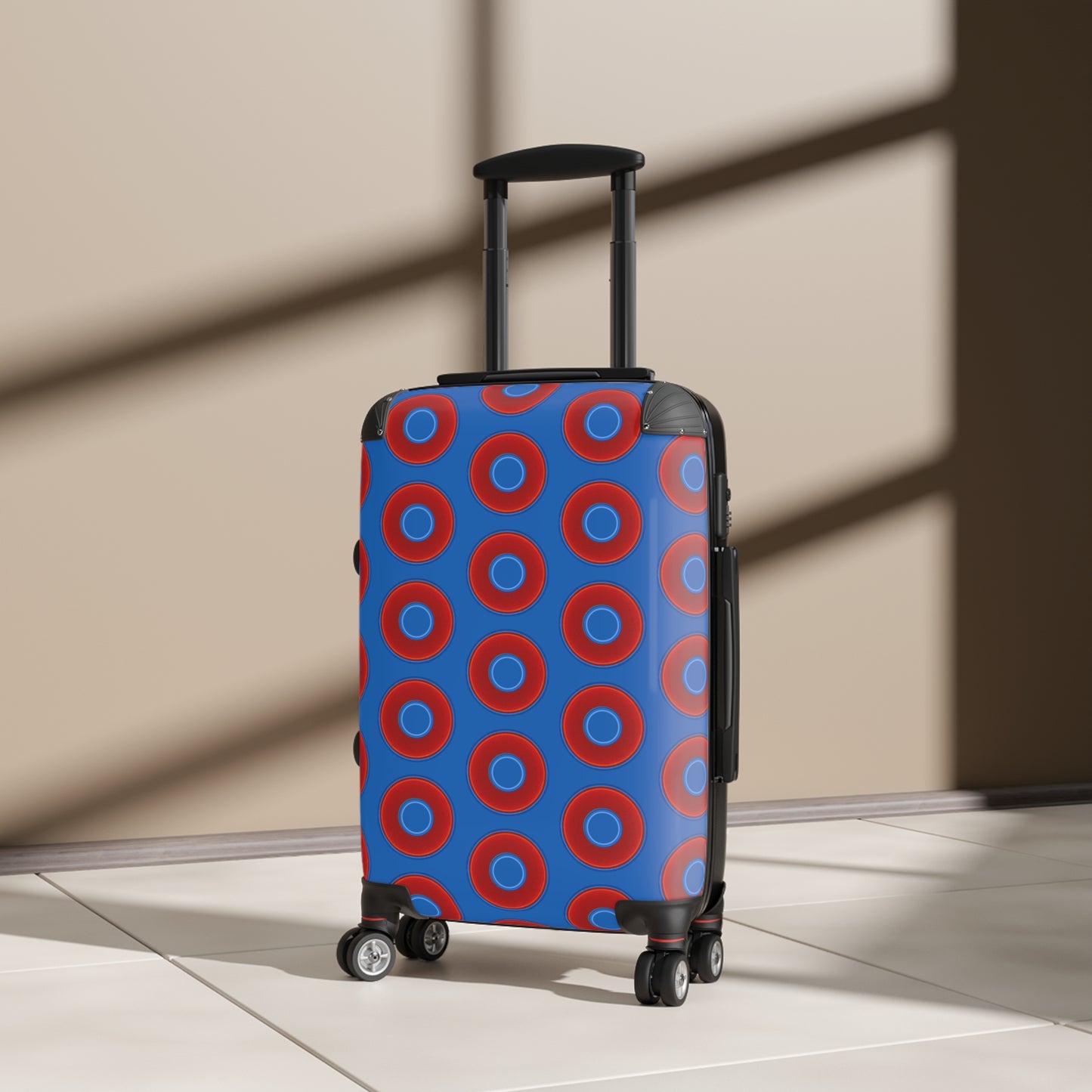 The Very Lumpy Donut Suitcase series - your choice of S, M or L - vivid red donut print w/dark royal blue background