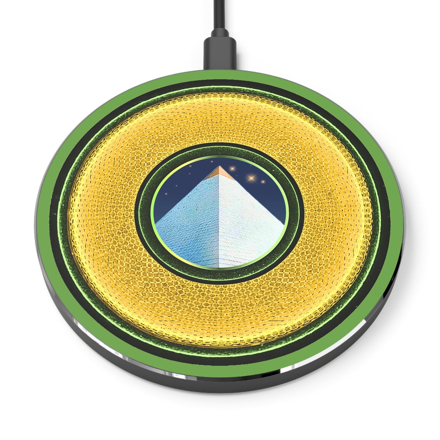 The Flow - Wireless Lumpy Donut Chargers - "Limestone Wireless Donut Chargers So Large" - rustic golden donut w/light green background - variant 3