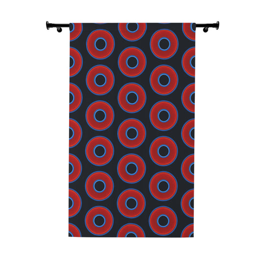 Lump's Heady Curtain w/Donuts - vivid red donut print - w/blue charcoal background - [*1 Piece / 50" x 84"]