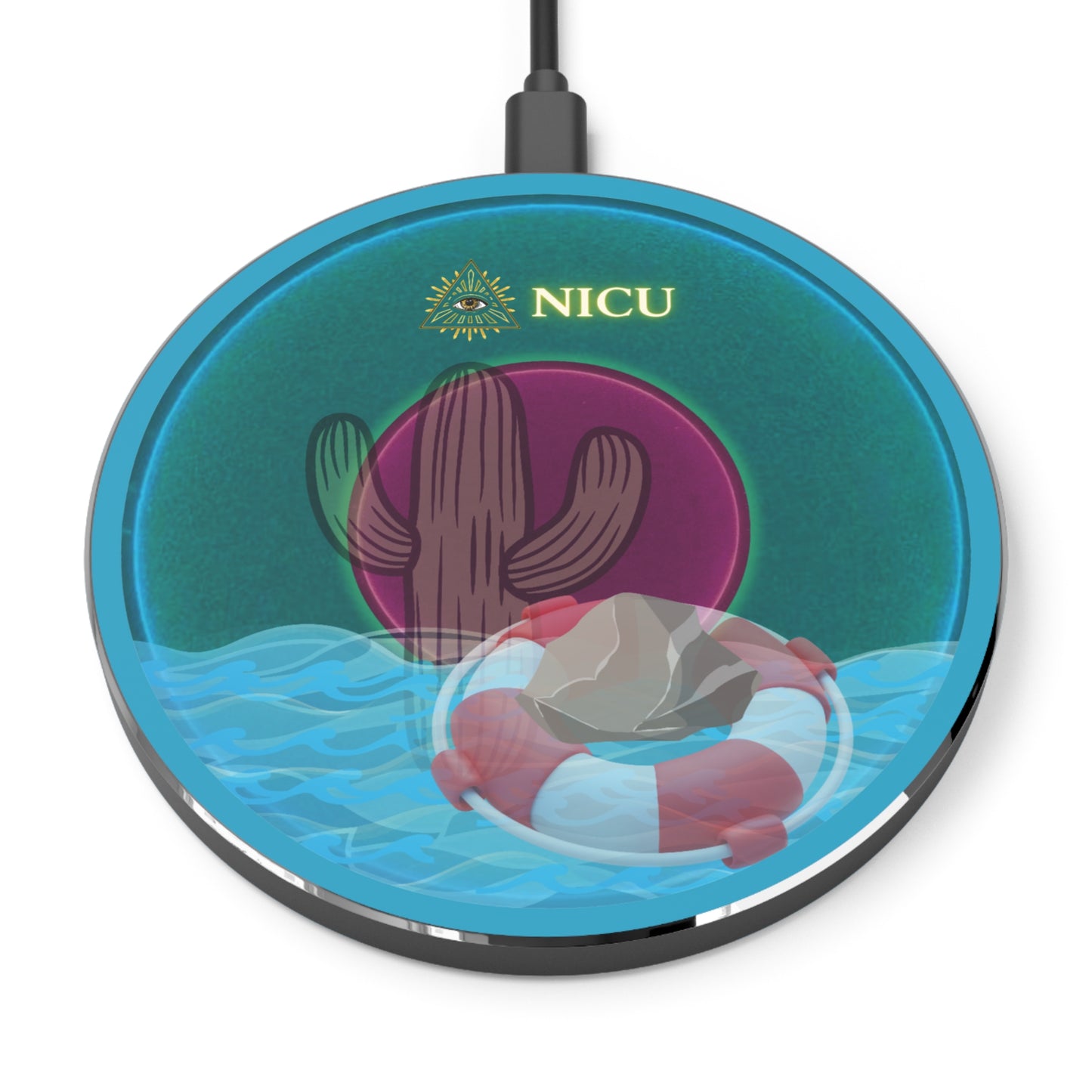 The Flow - Wireless Lumpy Donut Chargers - "The Charger that Conveys Wirelessly" - vivid dark teal donut w/turquoise background - variant 1